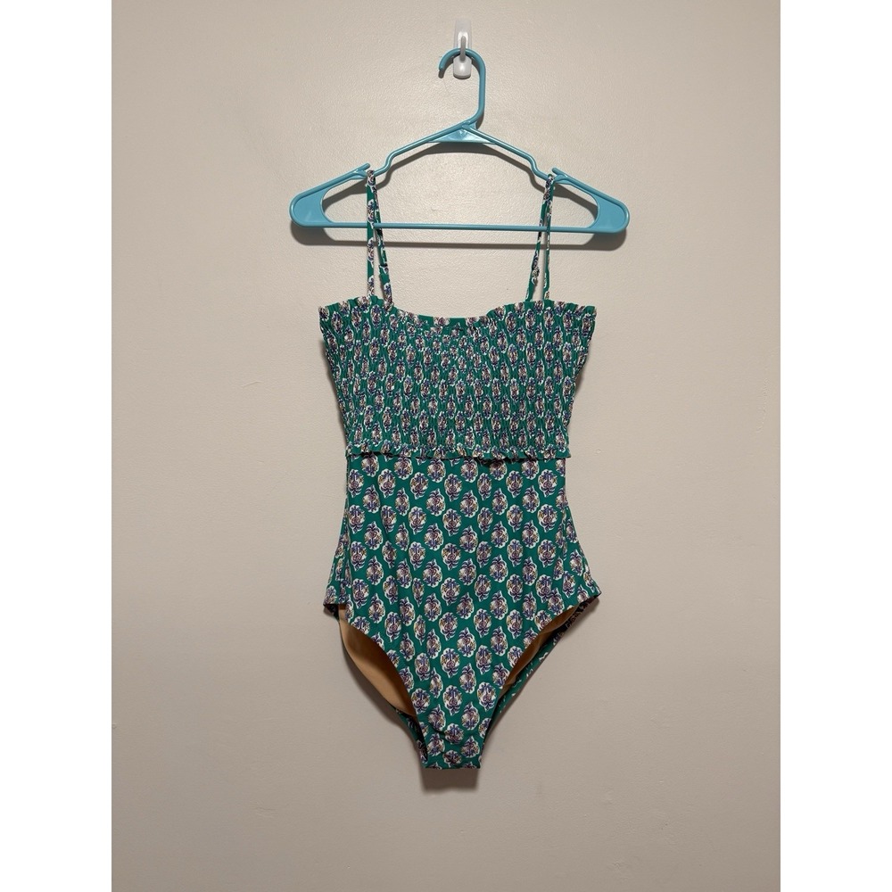 J. Crew Green Smocked Floral One PIece Bathing Suit Size Medium